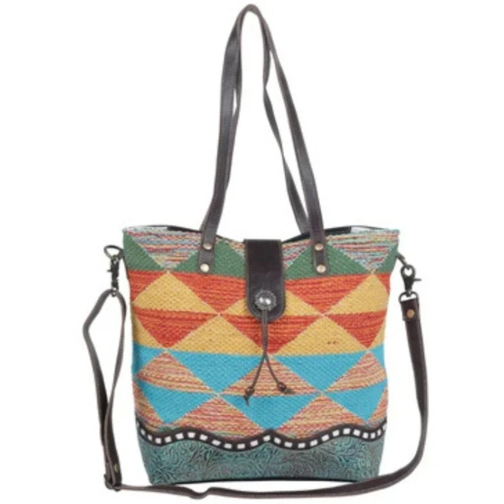 Myra Bag Geometric Tribal Tote Satchel Crossbody Brown‎ Leather Accents